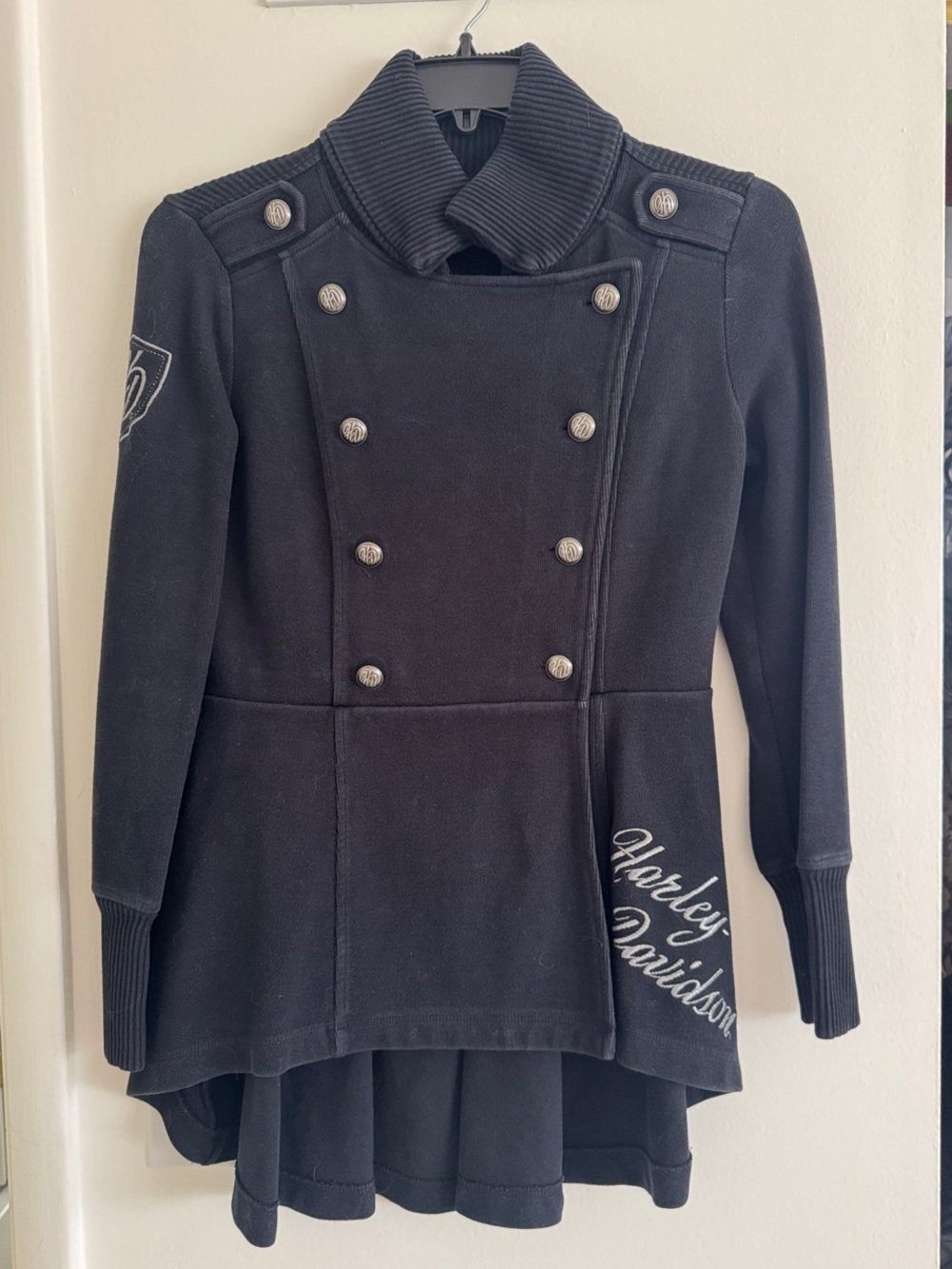 Harley-Davidson Black Double-Breasted Pea Coat with Script Detail